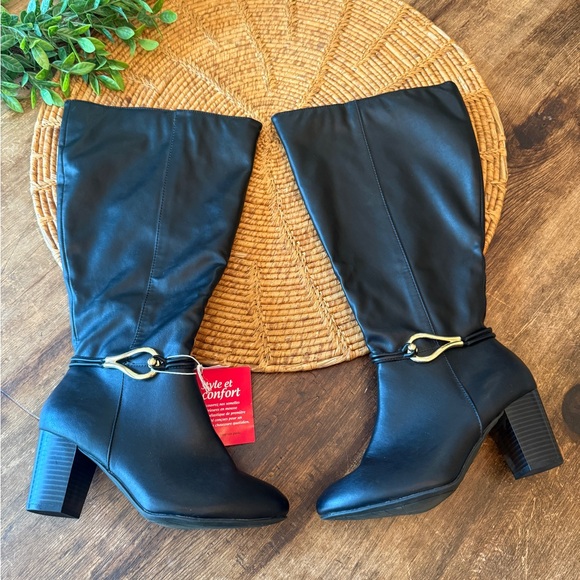 New Dexflex Black Faux Leather Knee-High Boots with Gold Accent - Picture 1 of 15